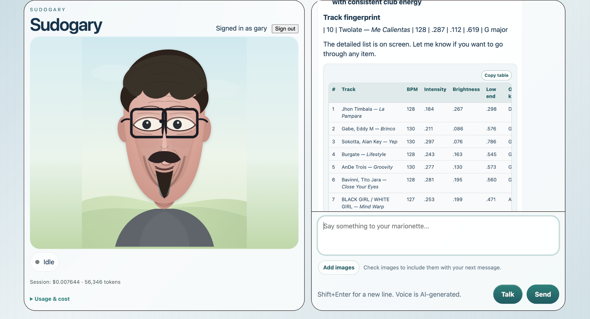Sudogary's current chat interface, showing the avatar, a structured music-analysis table, image controls, voice buttons, and session usage